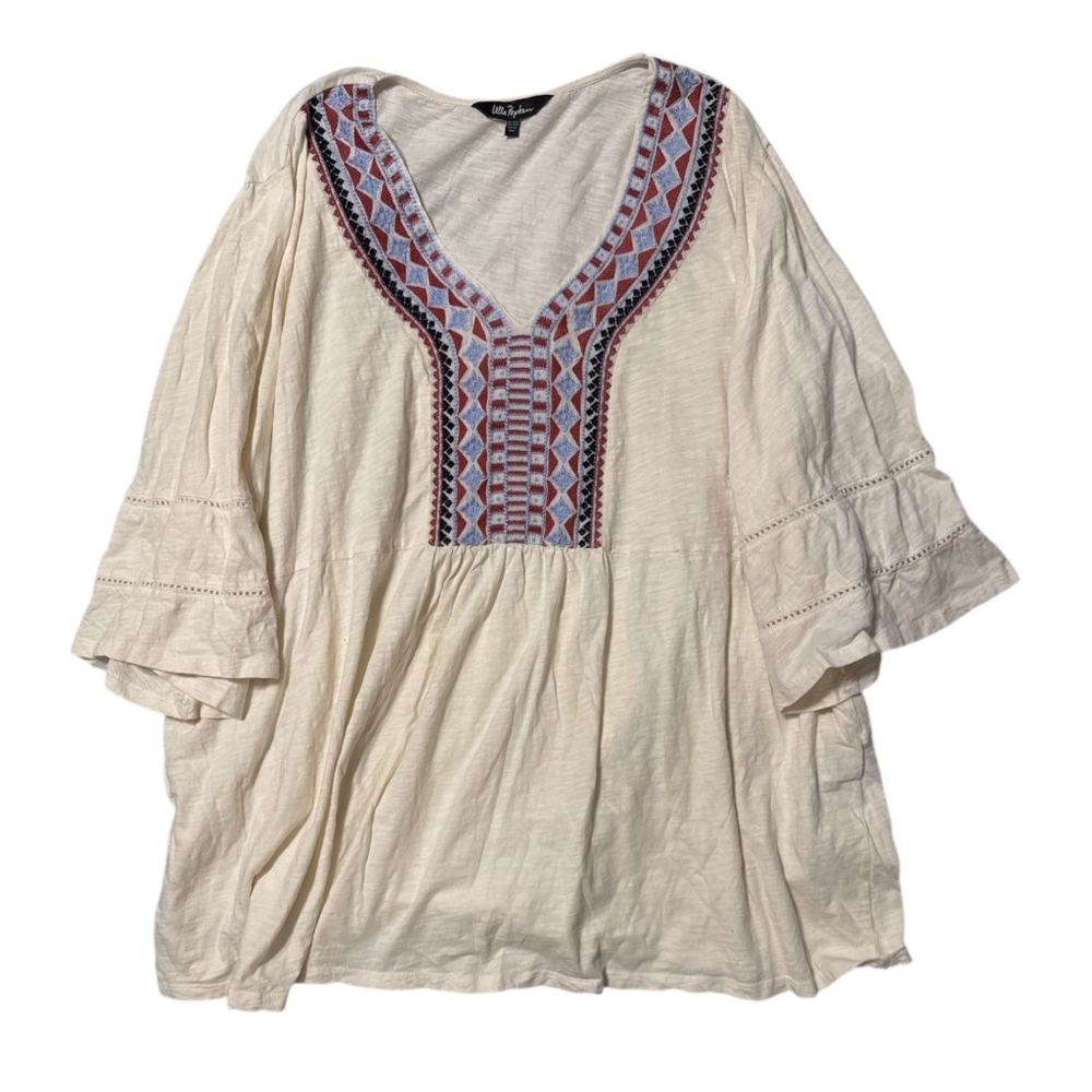 Ulla Popken Embroidered Smocked Top Size 28 - Ivory Boho - Made in India